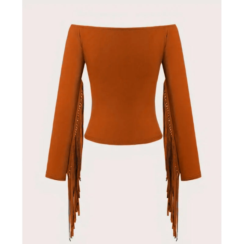 Off-Shoulder Fringe Top, Sexy Slim Fitted Long Sleeve