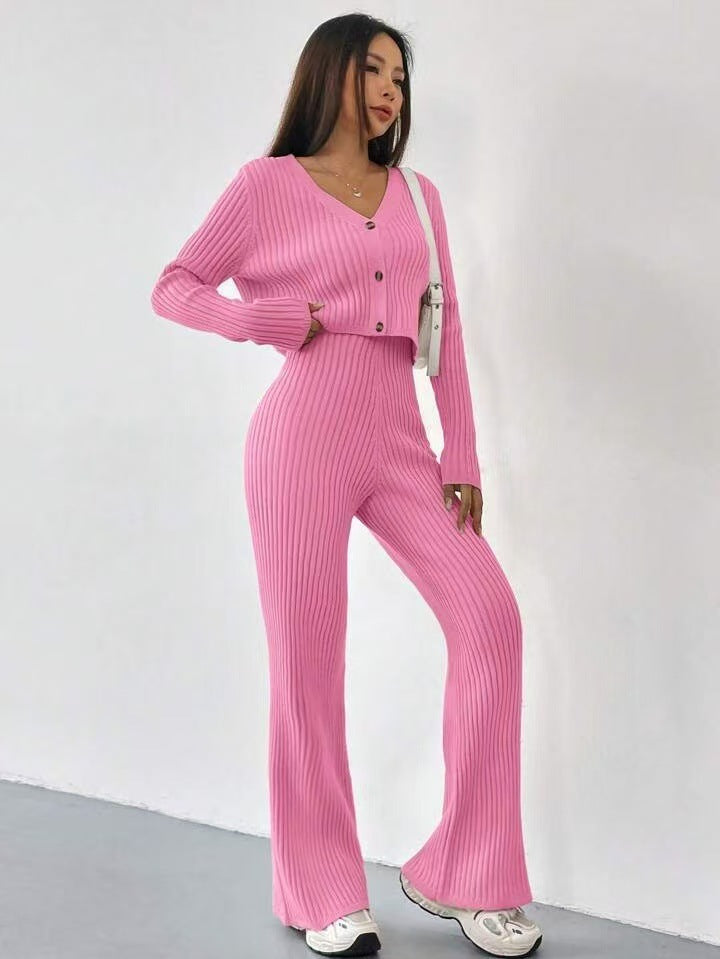 Solid Color Knitted Two-piece Women's V-neck Short Knitted