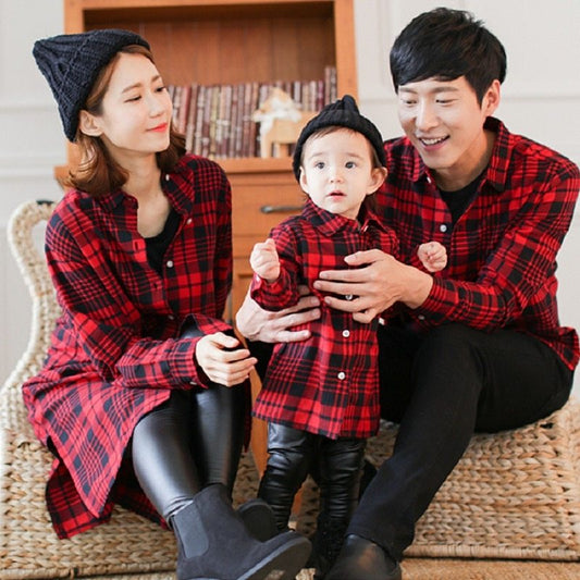 Mother and child red plaid shirt  outfit
