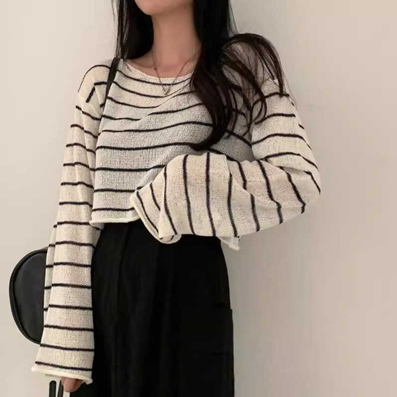 Off-neck Striped Ice Silk Sweater Loose