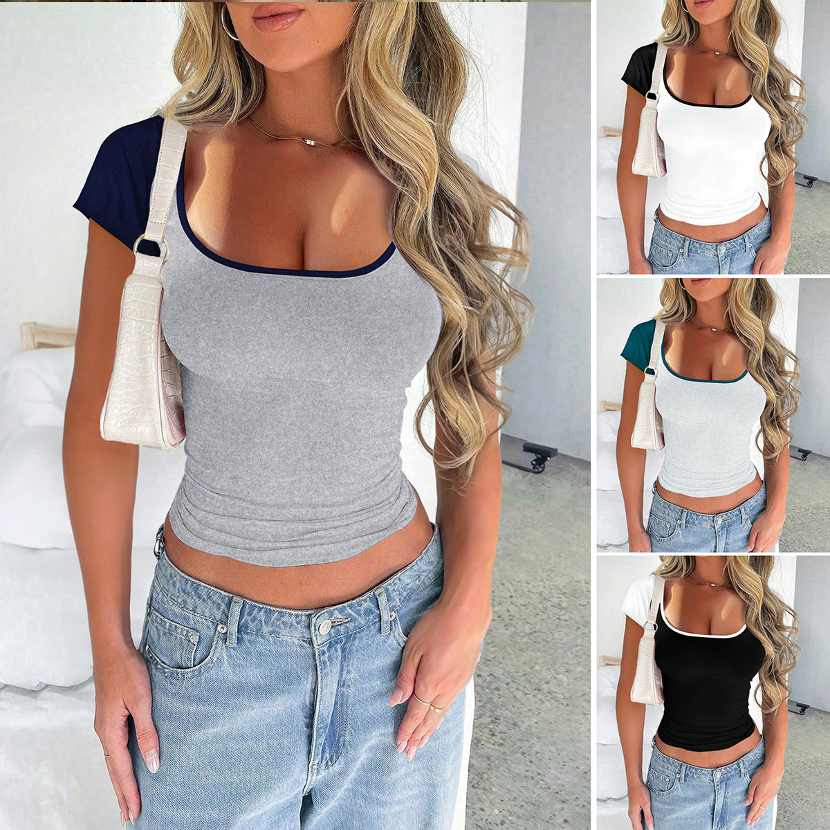 Sexy Slim U-neck Contrast Color Short Sleeve