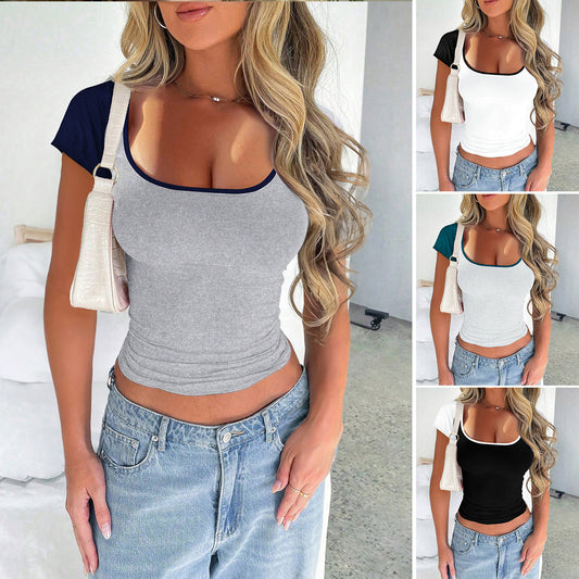 Sexy Slim U-neck Contrast Color Short Sleeve