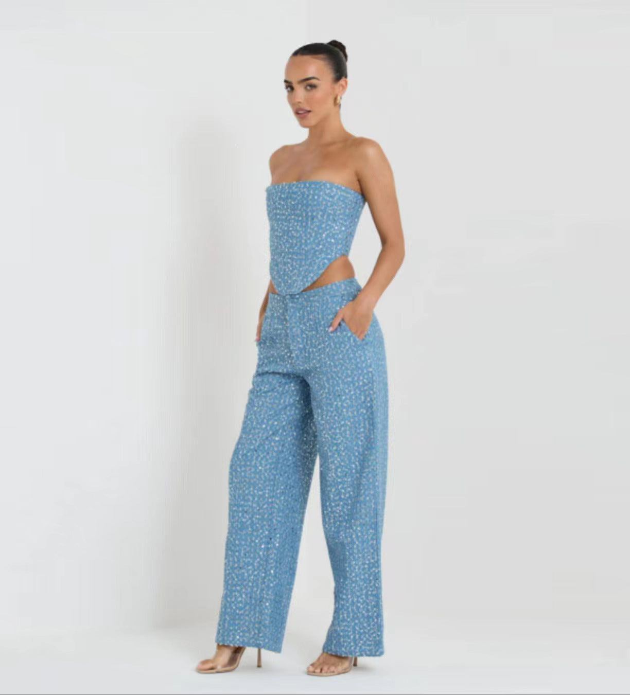 Fashion Denim Tube Top Wide Leg Pants