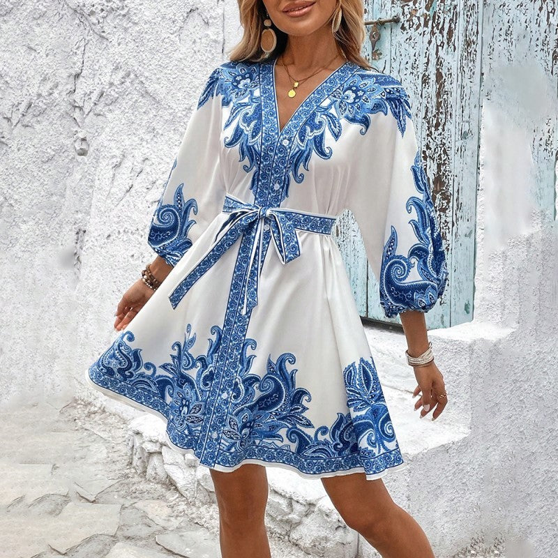 Floral Print Dress Waist Belted Midi Dress