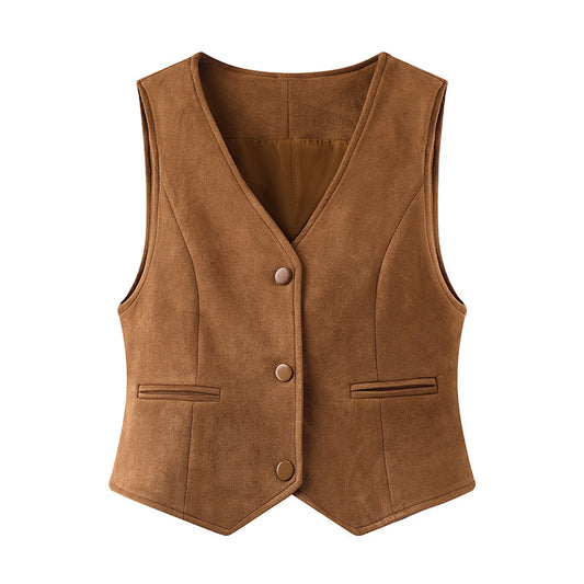V-neck Design All-match Suede Short Vest Jacket Women