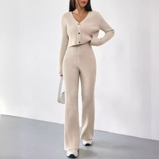 Solid Color Knitted Two-piece Women's V-neck Short Knitted
