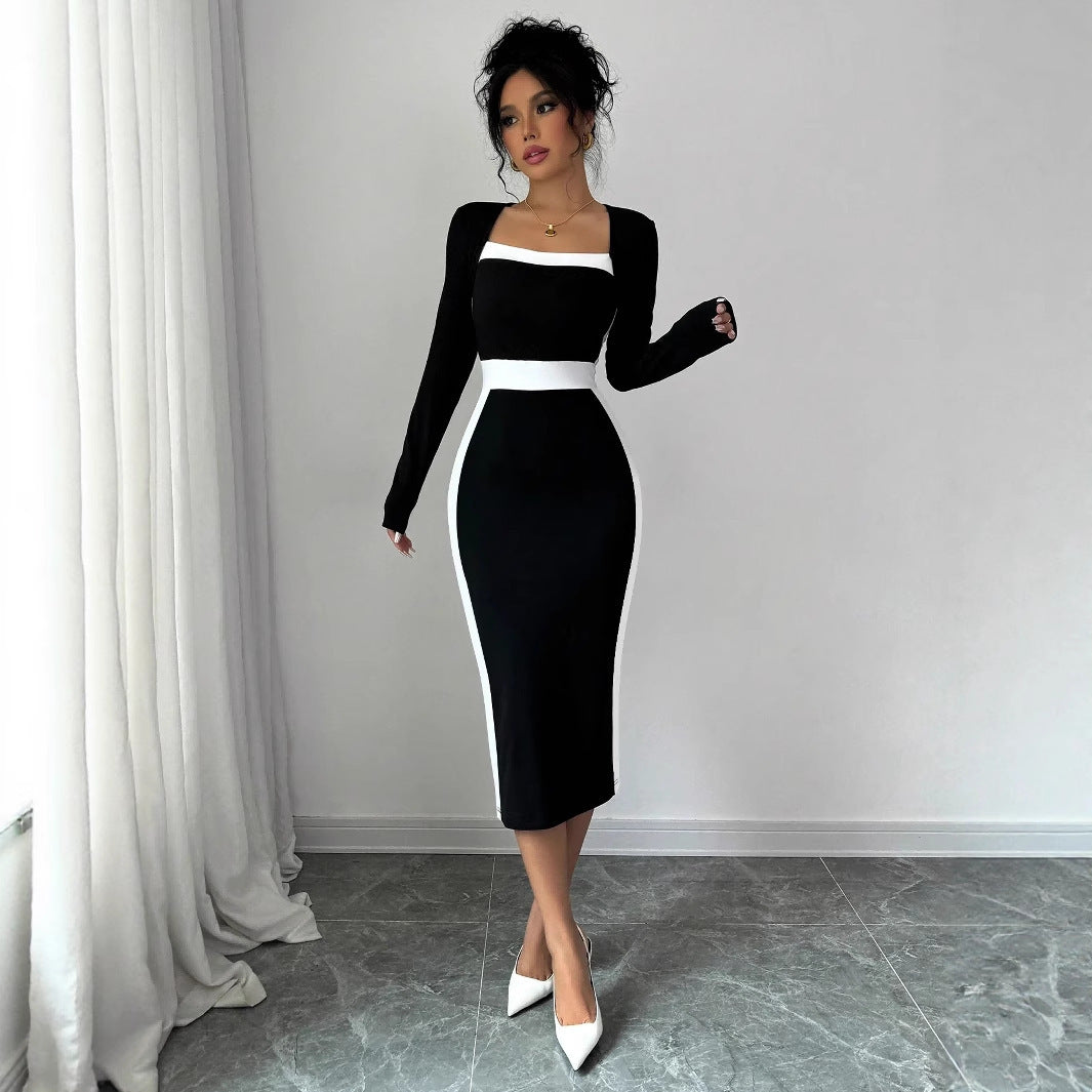 Fashion Elegant Slim Fit Square Collar Long Sleeve