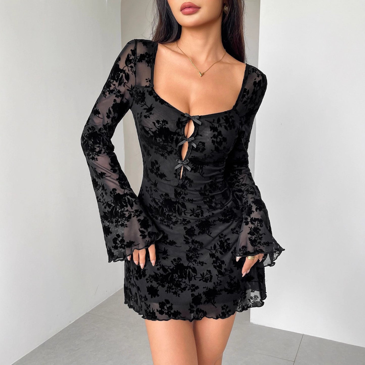 Floral Hollow Bow Dress