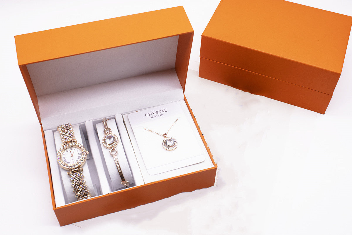 Rhinestone Watch Set With Bracelet And Necklace