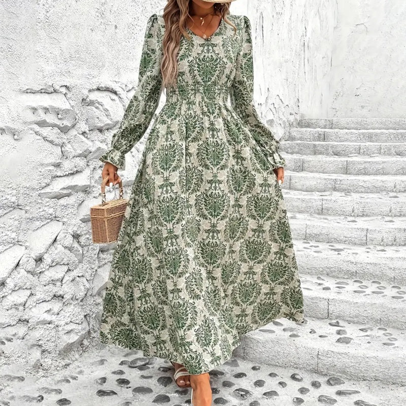 Women's V-Neck Floral Print Long Sleeve Elegant Bodycon Dress For Spring&Summer