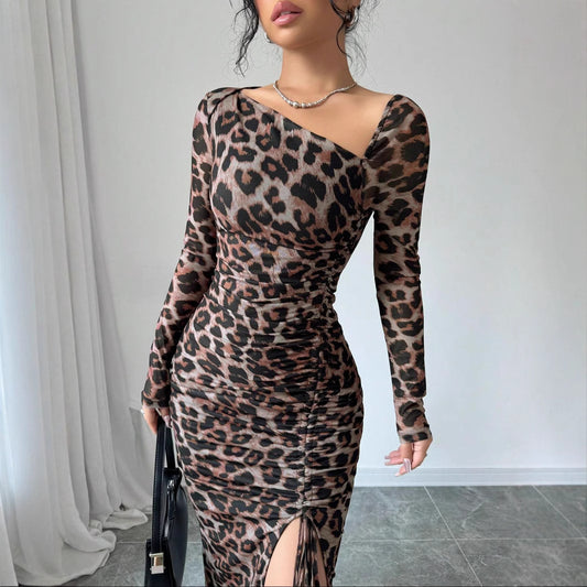 Round Neck Long Sleeve Sexy Leopard Print Dress
