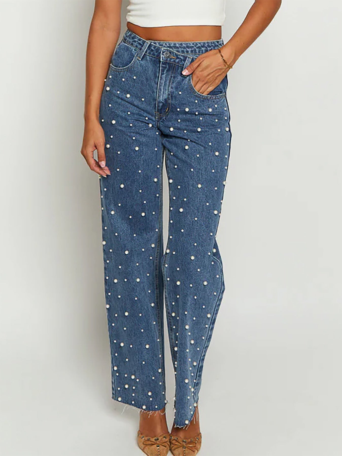 Waist Cross Beaded Straight-leg  Jeans