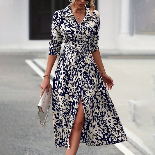 Women's Elegant V-Neck Belted Slit Dress With Leopard Print