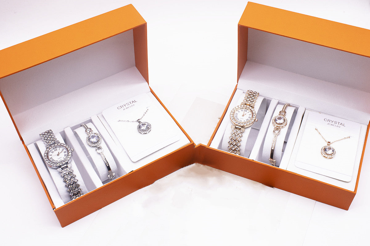 Rhinestone Watch Set With Bracelet And Necklace