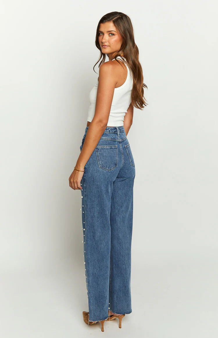 Waist Cross Beaded Straight-leg  Jeans