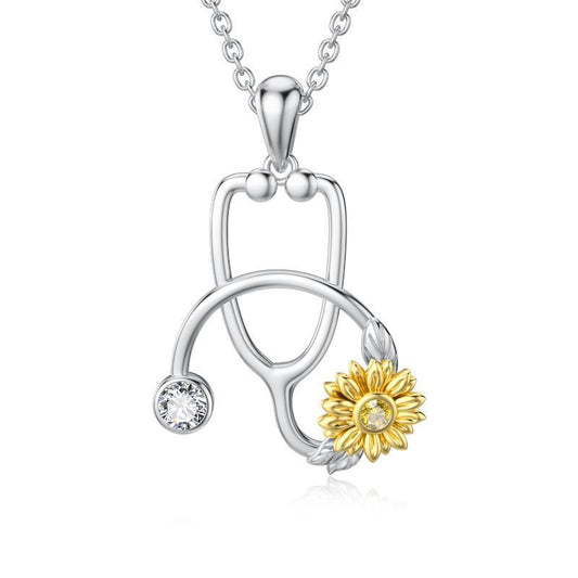 Sterling Silver Sunflower Stethoscope Medical Pendant Necklace