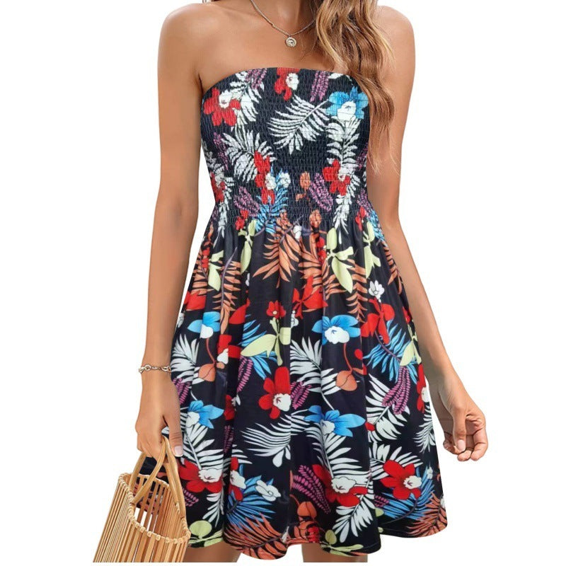 Spring And Summer New Fashion Printed Beach Vacation Sexy Tube Top Dress