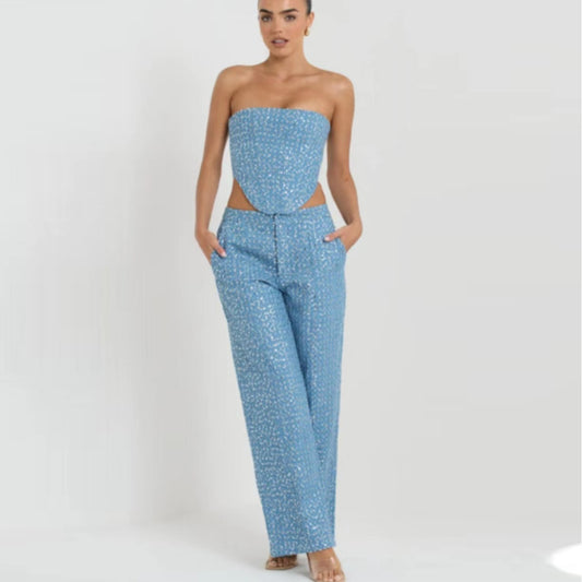 Fashion Denim Tube Top Wide Leg Pants