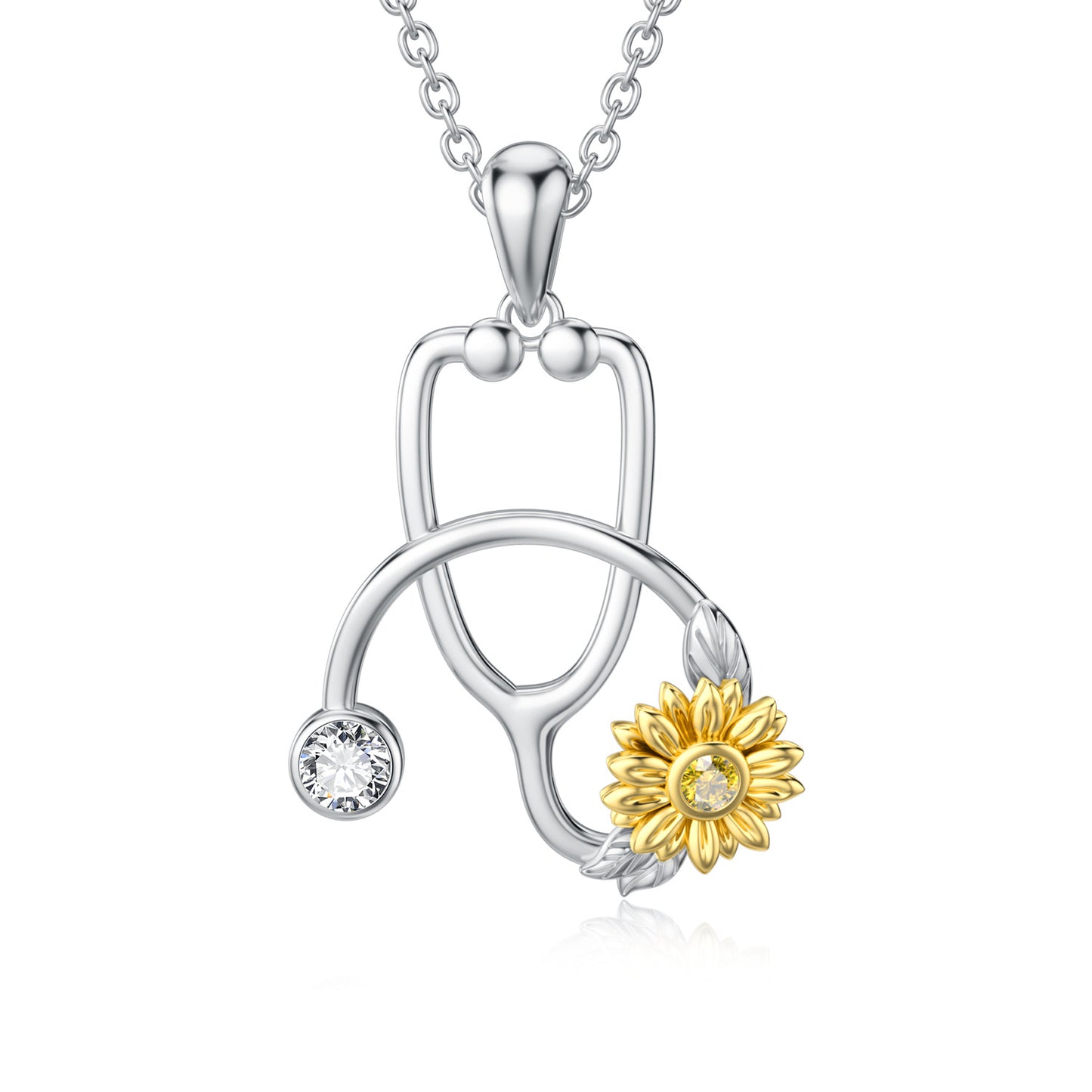 Sterling Silver Sunflower Stethoscope Medical Pendant Necklace
