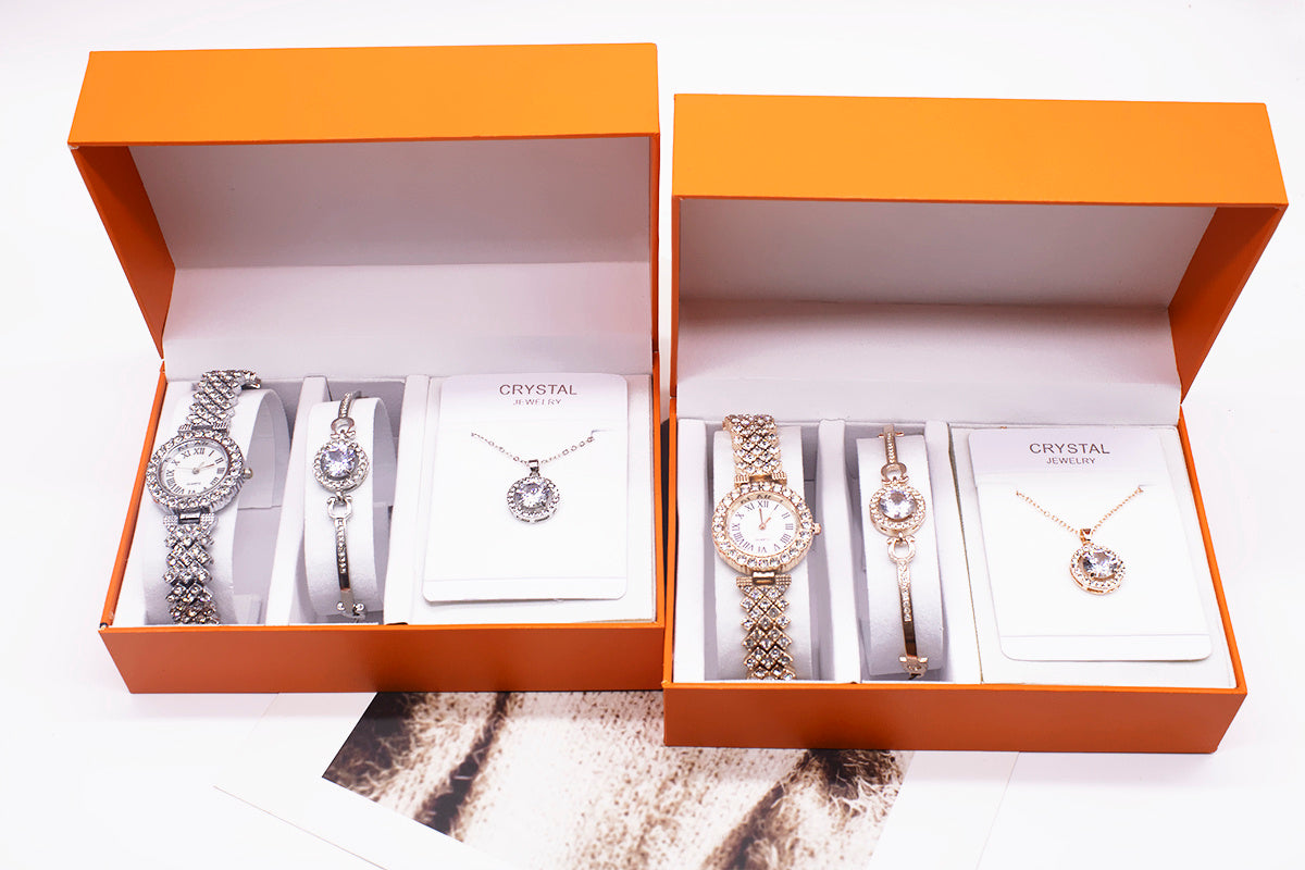 Rhinestone Watch Set With Bracelet And Necklace