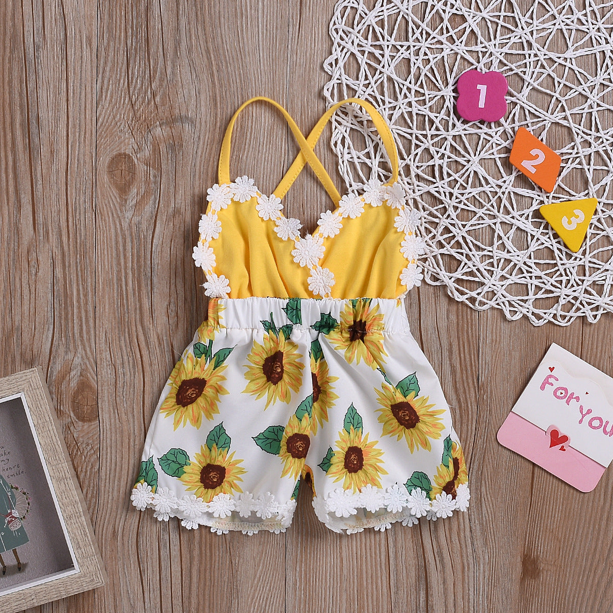 Children Sunflower Sling Lace Jumpsuit