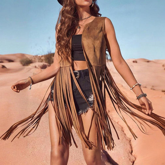 Vest - Round Neck Side Slit Hem With Boho Tassel