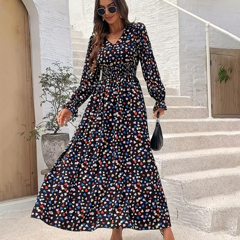 Women's V-Neck Floral Print Long Sleeve Elegant Bodycon Dress For Spring&Summer