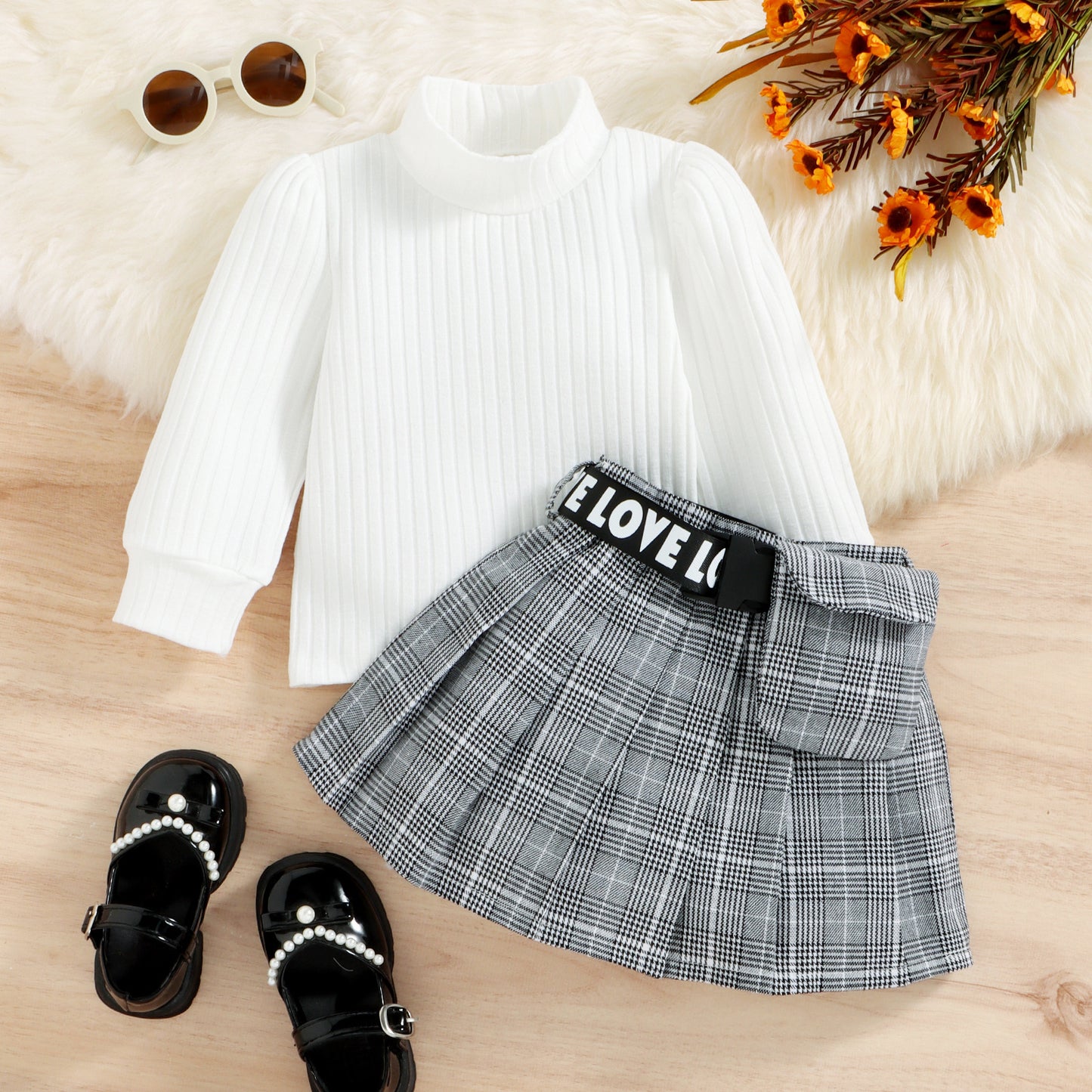 Winter Cotton Stripe Turtleneck Top Plaid Suit