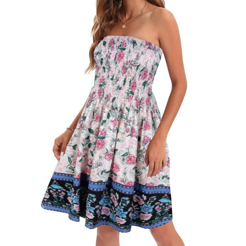 Spring And Summer New Fashion Printed Beach Vacation Sexy Tube Top Dress