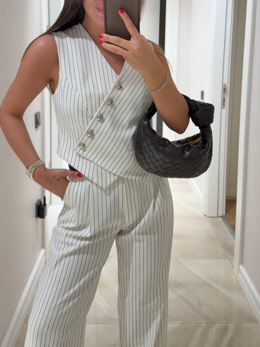White stripe Asymmetric  Collar Vest Pants Set