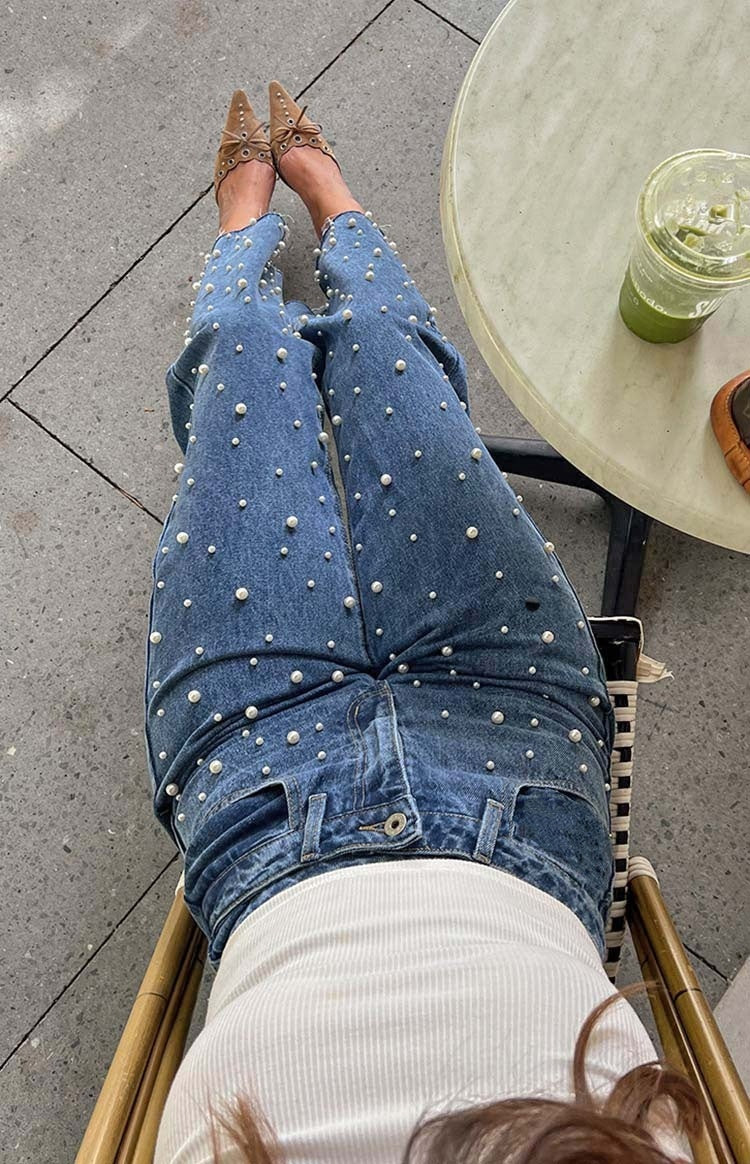 Waist Cross Beaded Straight-leg  Jeans