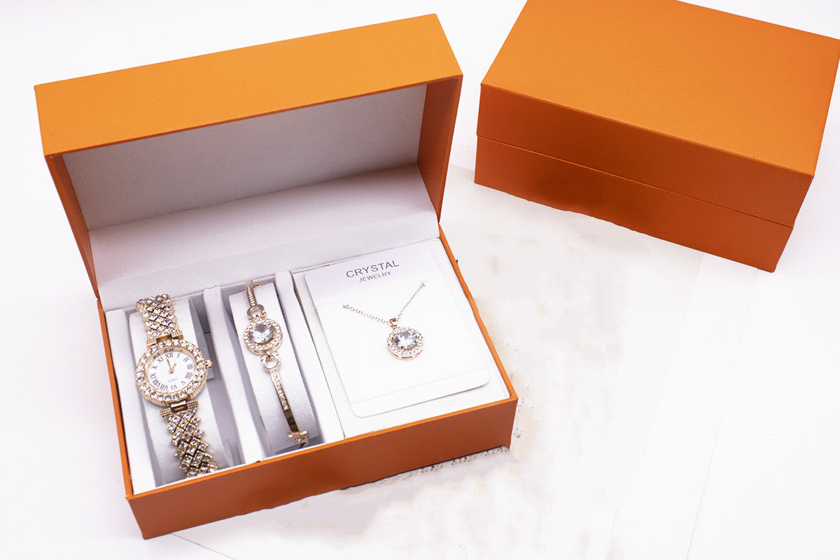 Rhinestone Watch Set With Bracelet And Necklace