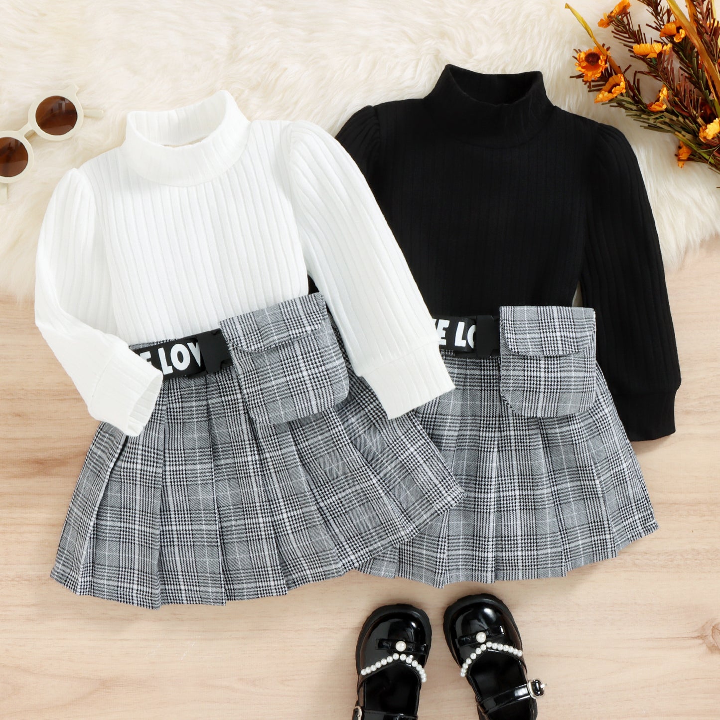 Winter Cotton Stripe Turtleneck Top Plaid Suit