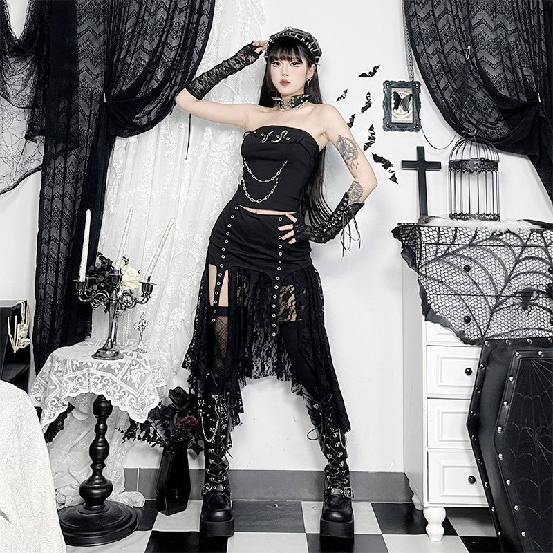 Dark Waste Soil Irregular Lace Skirt