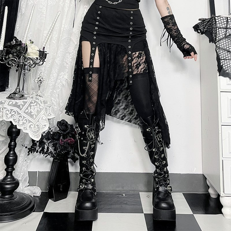 Dark Waste Soil Irregular Lace Skirt