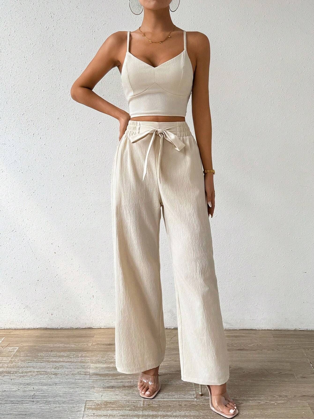Women's Gathering Bra Cup With Top Stretchy Straight-leg Pants