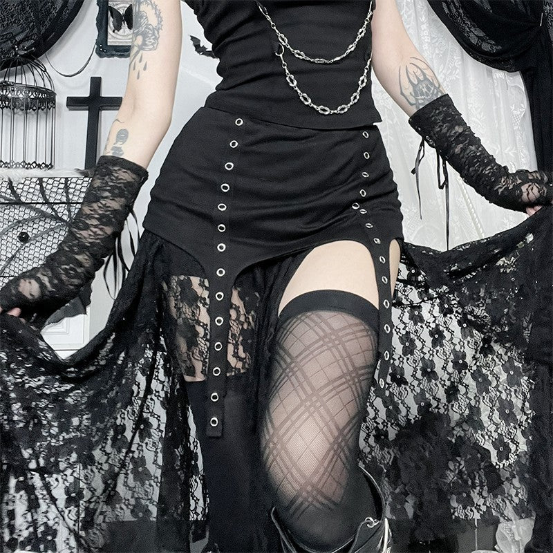 Dark Waste Soil Irregular Lace Skirt