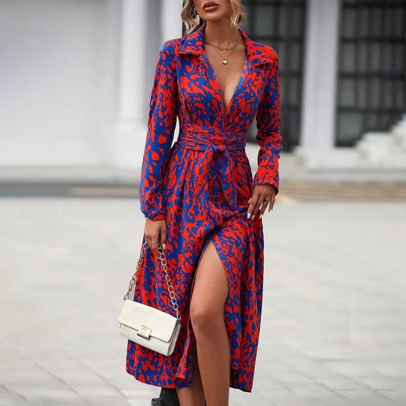Women's Elegant V-Neck Belted Slit Dress With Leopard Print