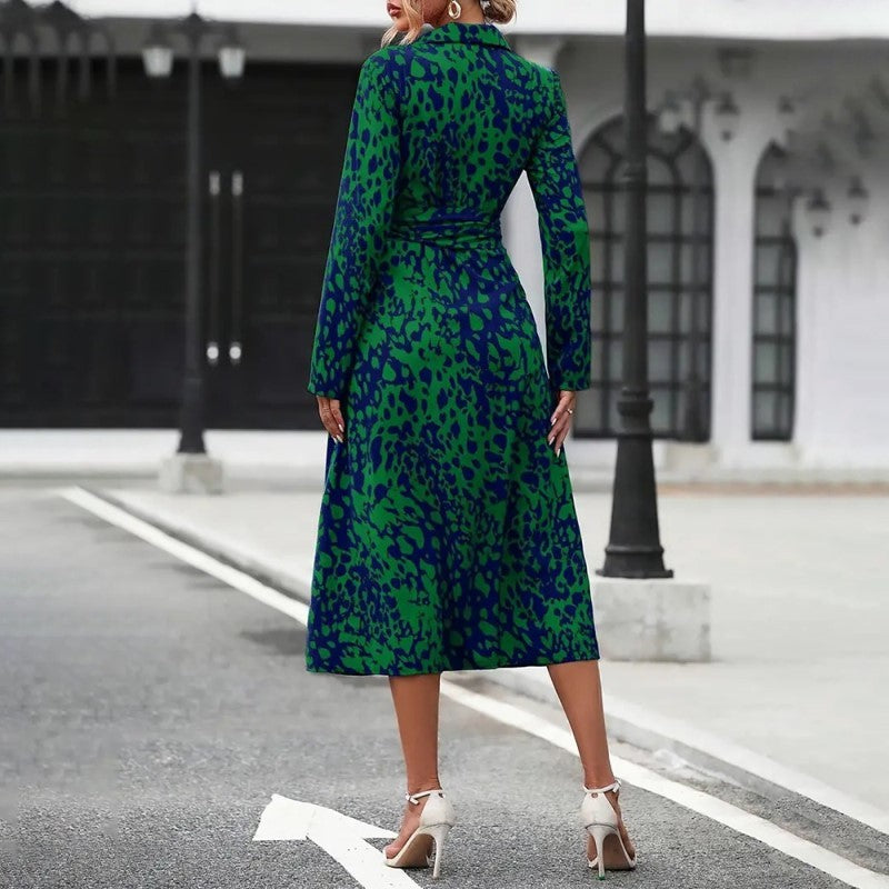 Women's Elegant V-Neck Belted Slit Dress With Leopard Print