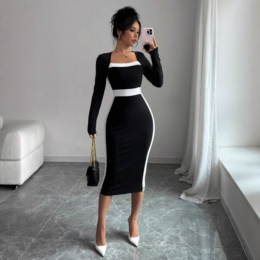 Fashion Elegant Slim Fit Square Collar Long Sleeve