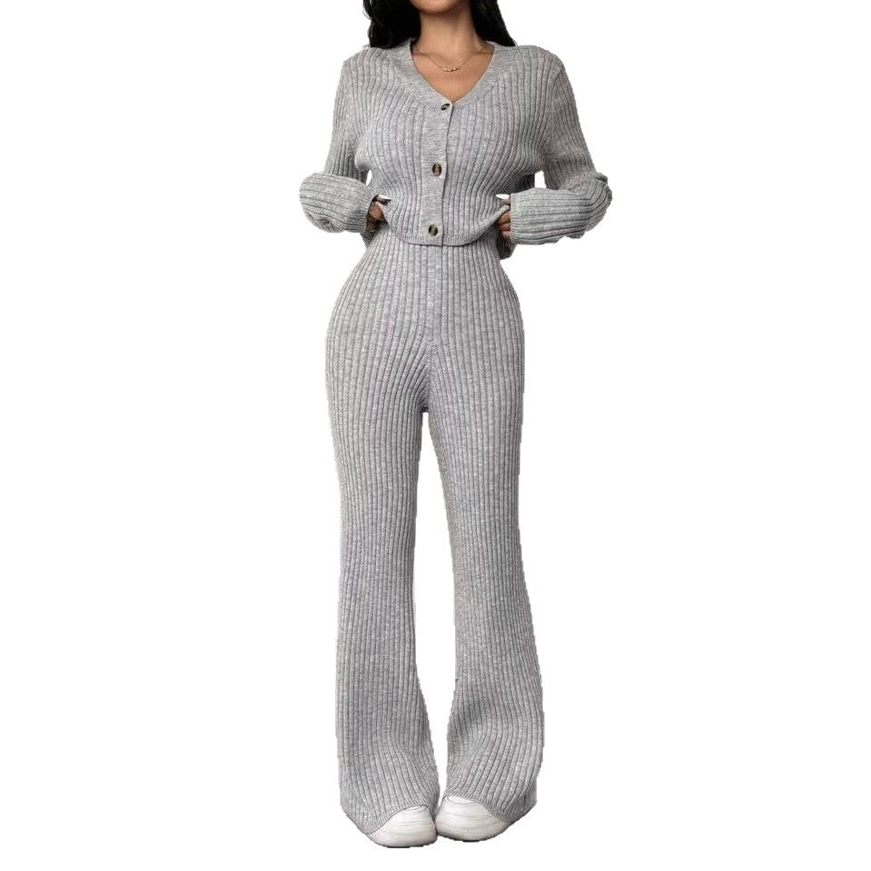Solid Color Knitted Two-piece Women's V-neck Short Knitted