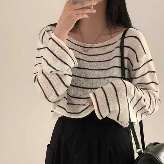Off-neck Striped Ice Silk Sweater Loose