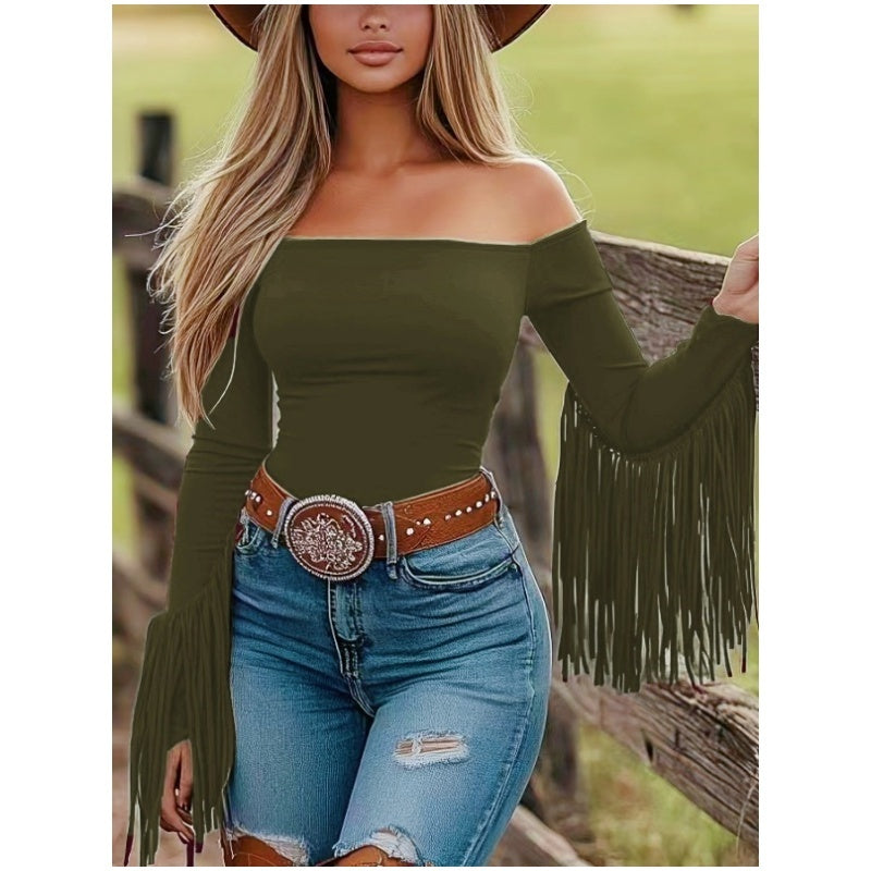 Off-Shoulder Fringe Top, Sexy Slim Fitted Long Sleeve