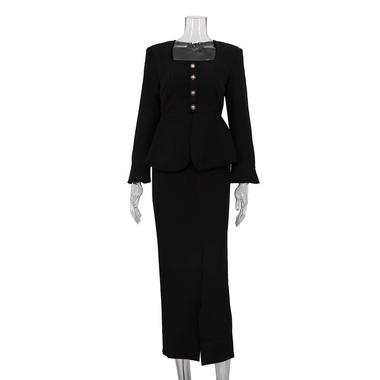 Square Collar Long Sleeve Package Hip Skirt Two-piece Set