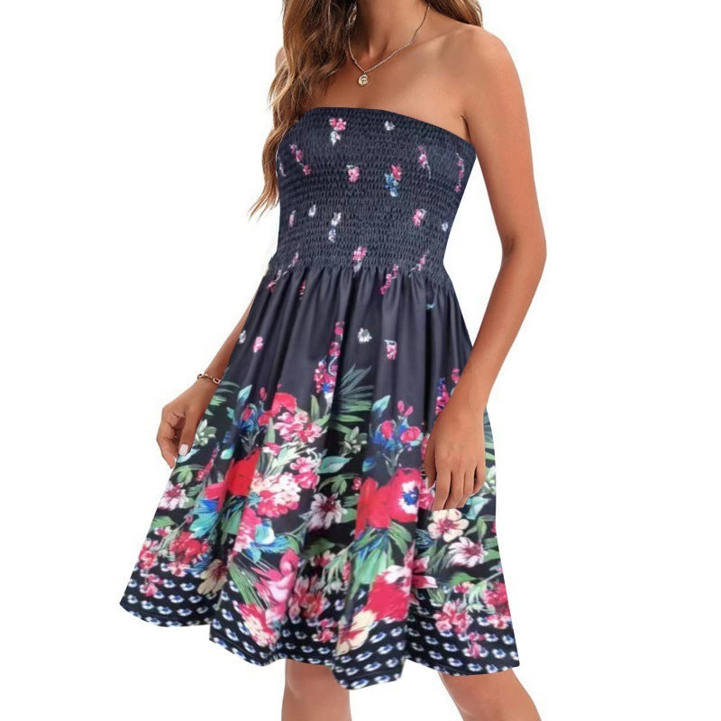 Spring And Summer New Fashion Printed Beach Vacation Sexy Tube Top Dress
