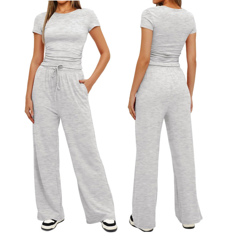 Fashion Casual Set Pleated Short Sleeves Top And Trousers