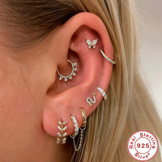 Sterling Silver Piercing Zircon With Diamond Earrings