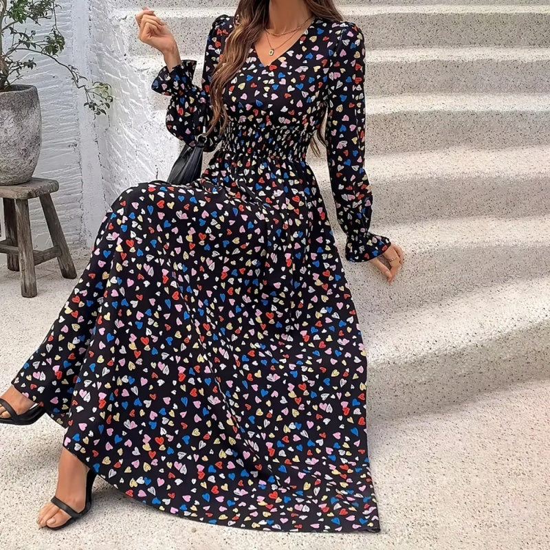Women's V-Neck Floral Print Long Sleeve Elegant Bodycon Dress For Spring&Summer
