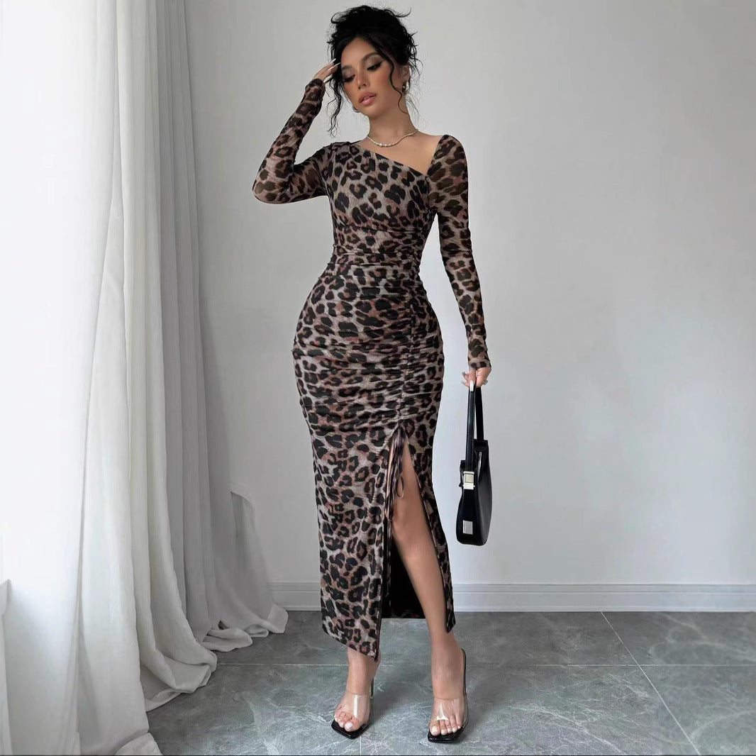 Round Neck Long Sleeve Sexy Leopard Print Dress
