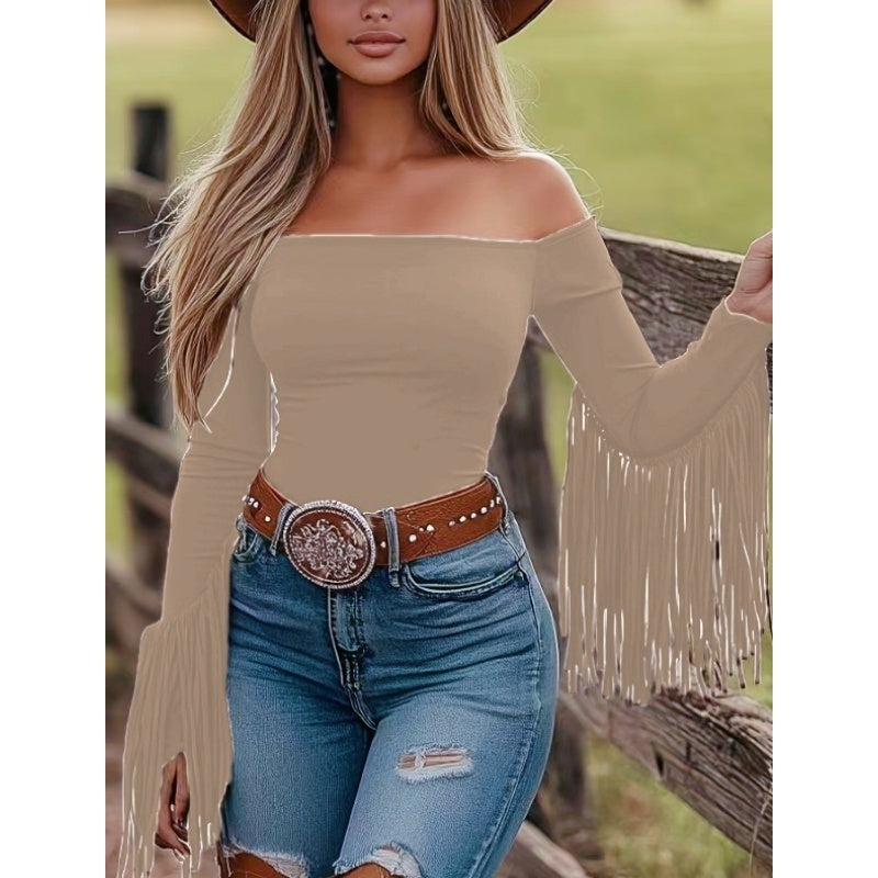 Off-Shoulder Fringe Top, Sexy Slim Fitted Long Sleeve